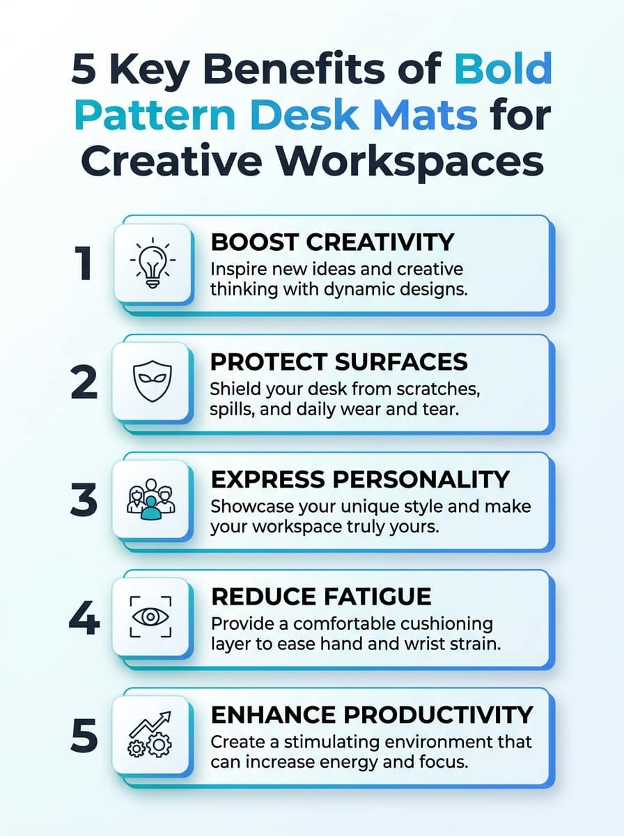 Five key benefits of Bold Pattern Desk Mats for Creative Workspaces: durability, grip, aesthetics, comfort, and organization.